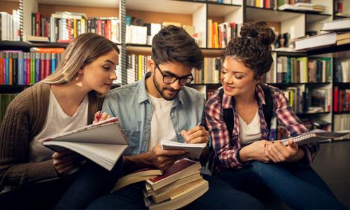 Diverse group of students engaged in study in a library setting,